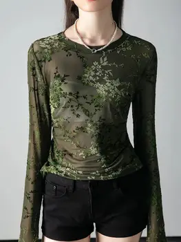 Autumn Round Neck Long Sleeve T-shirt Women's Fashion Slim Fit Fashion Trend See Throught T Shirts Flocking Flowers Tees 1