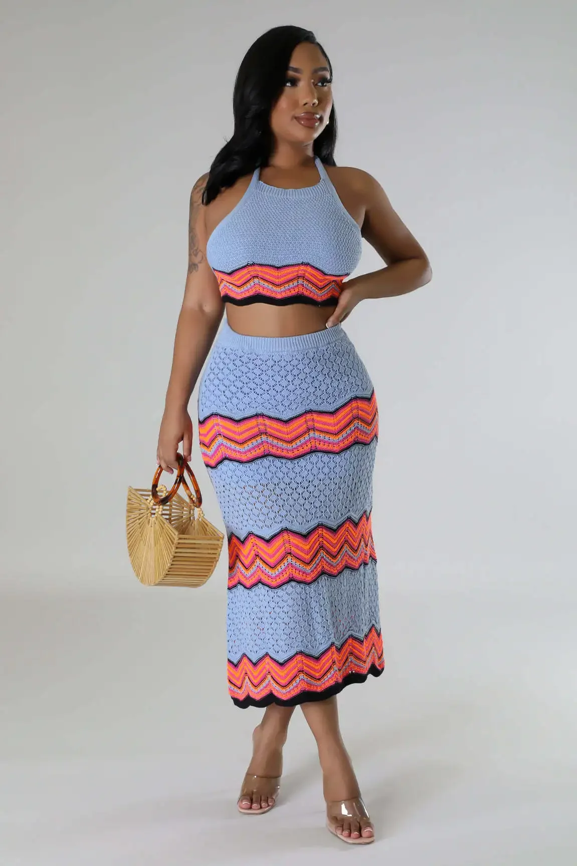 Ribbon Knit Striped Women Halter Crop Top + Midi Skirt Suit 2024 Summer Streetwear Beach Holiday Two 2 Piece Set Outfits
