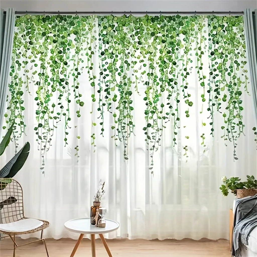 Cortinas de tul transparente para ventana, persianas para sala de estar, dormitorio, decoración del hogar, cocina, puerta, flor Floral púrpura, hoja verde, 2 unidades