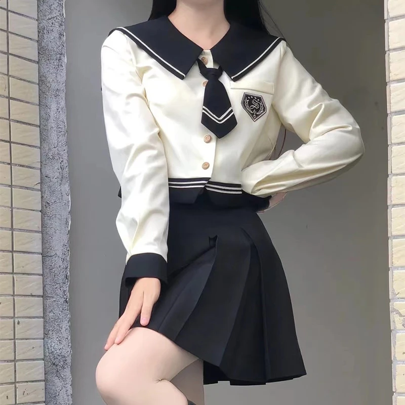 High School South Korea Students JK Uniform Short Sleeve Beige Shirts Black Pleated Skirt Female Summer Suit Basic Women
