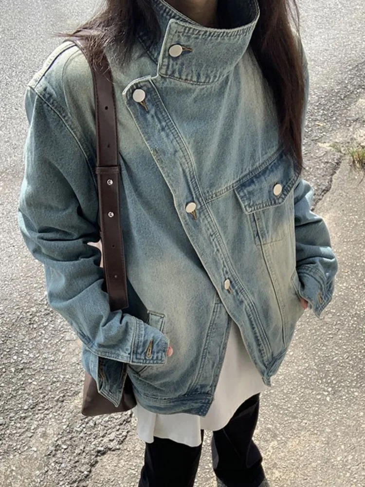 

Y2k Aesthetic Jean Jacket Women Casual Loose Harajuku Coats All Match Turn Down Collar 2023 Spring Irregular Denim Jaclets Cool