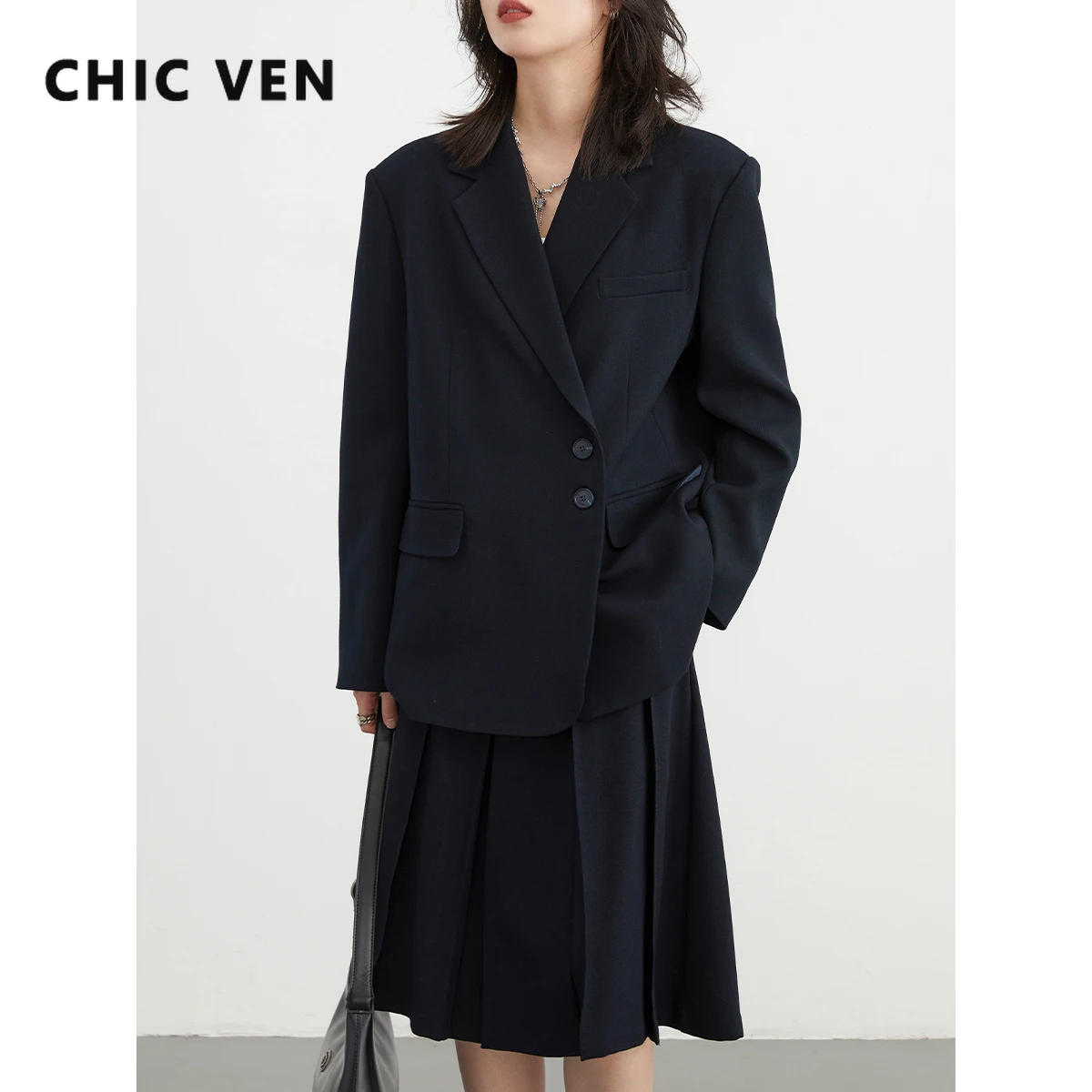 

CHIC VEN Women's Blazers New Vintage Wide Shoulder Suit Coat Office Lady Jacket Mid Length Overcoat Autumn Spring 2023