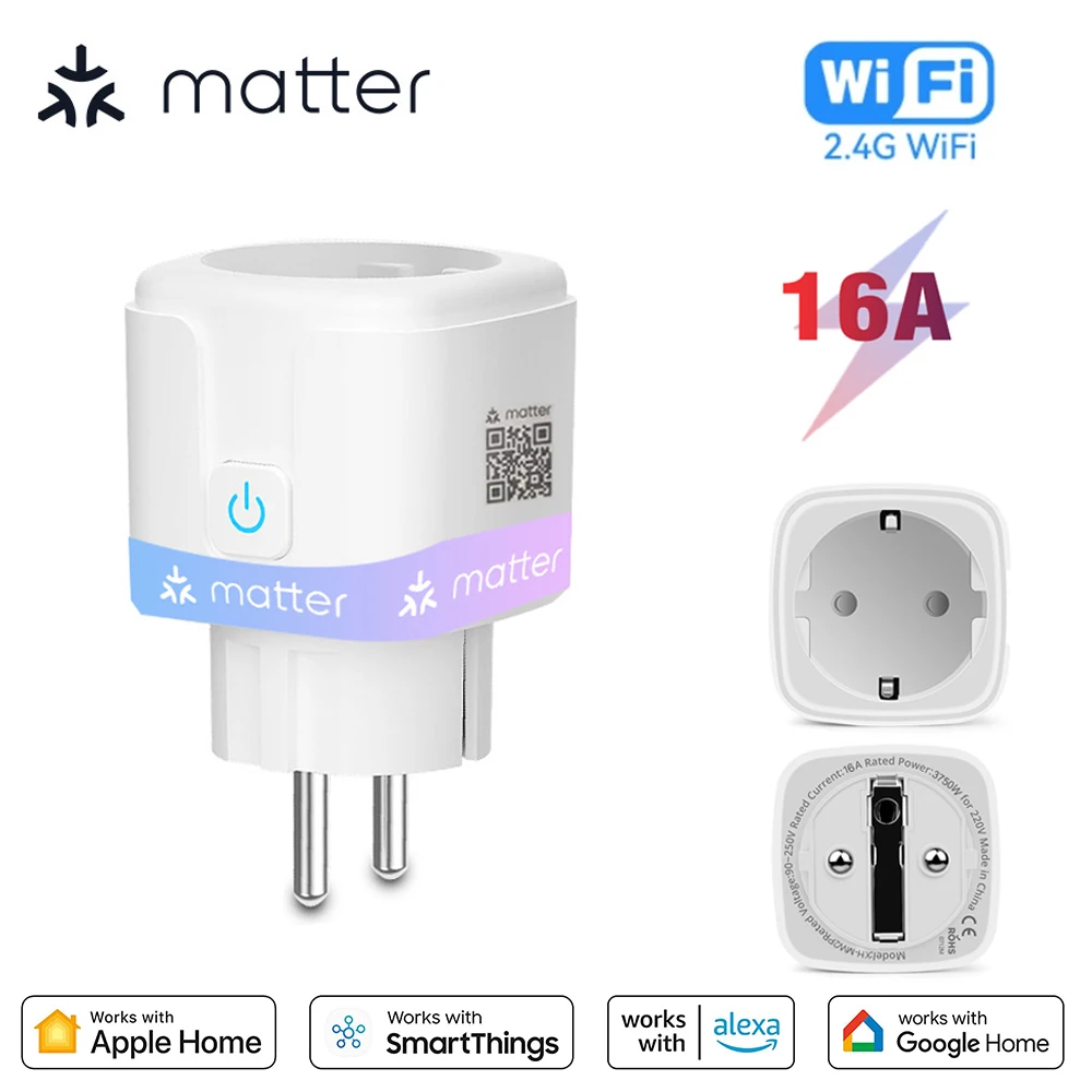 Matter WiFi สมาร์ทซ็อกเก็ต 16A EU Home Appliance Outlet มินิสมาร์ทปลั๊กอะแดปเตอร์ APP Control ทํางานร่วมกับ HomeKit Siri Alexa Google 1