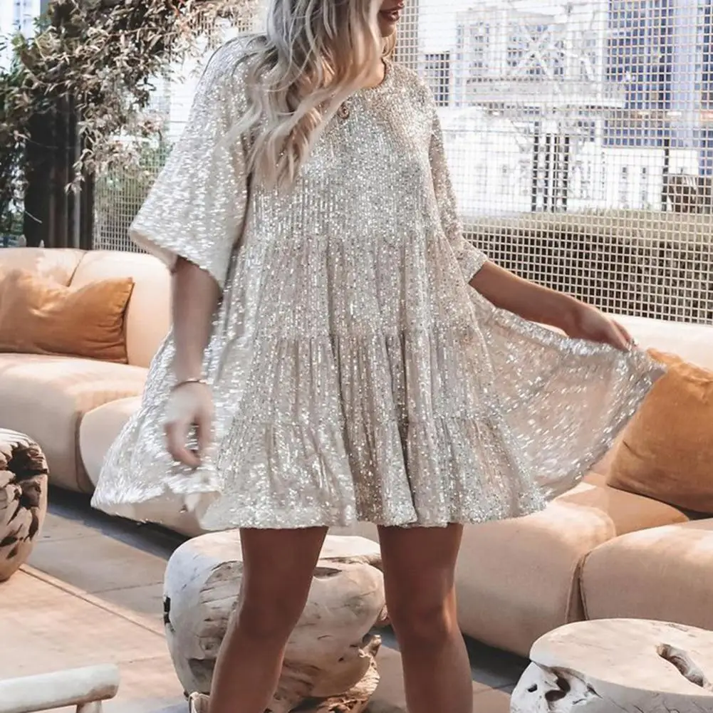 

Women Club Mini Dress Short Sleeve Pleated Patchwork Hem Mini Dress Solid Color Loose Fit Casual Elegant Dating Evening Dress