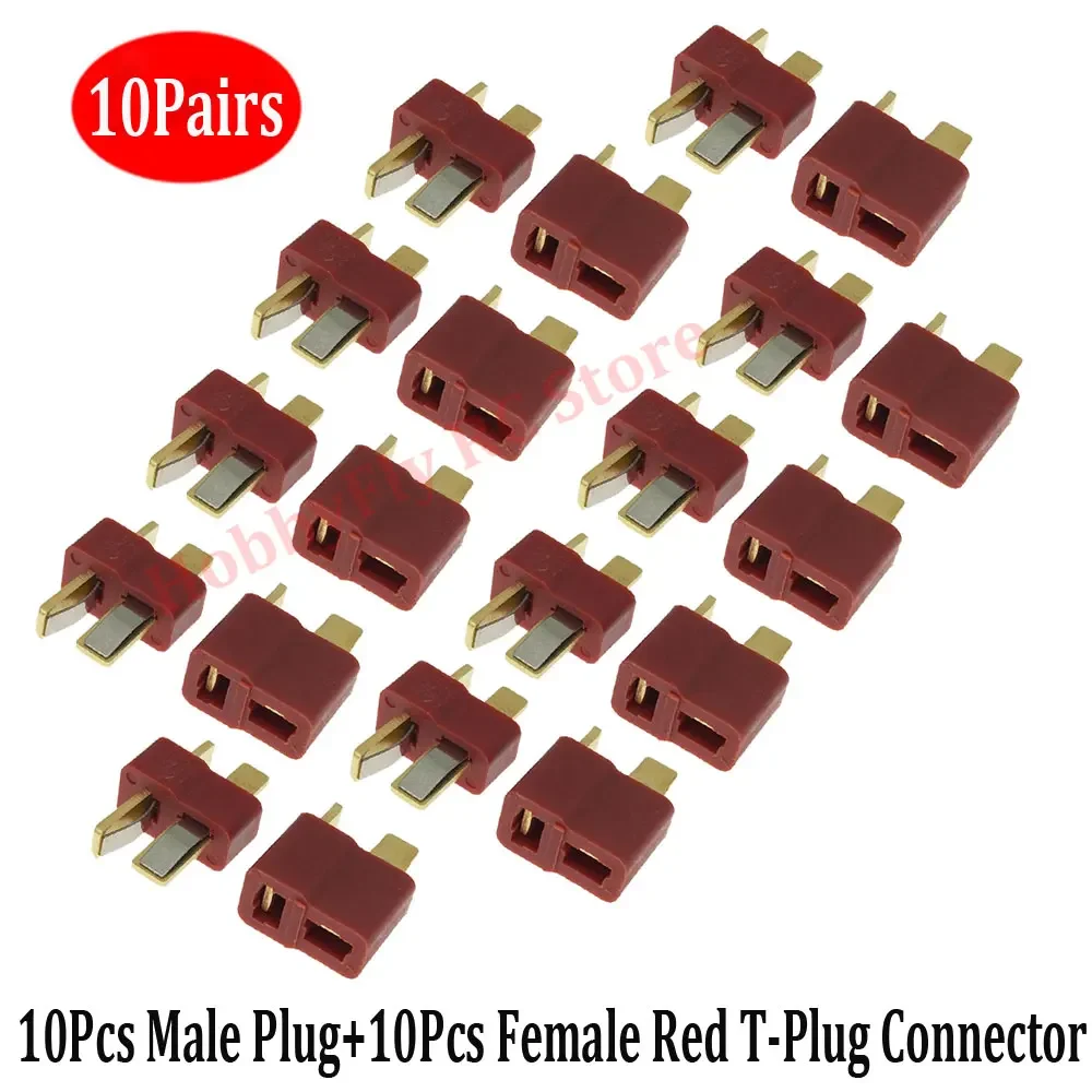 Onkuey Deans T Plug Connectors - 10 Pairs (10 Male + 10 Female) For RC LiPo Batteries, 14-26 AWG, Gold Plated