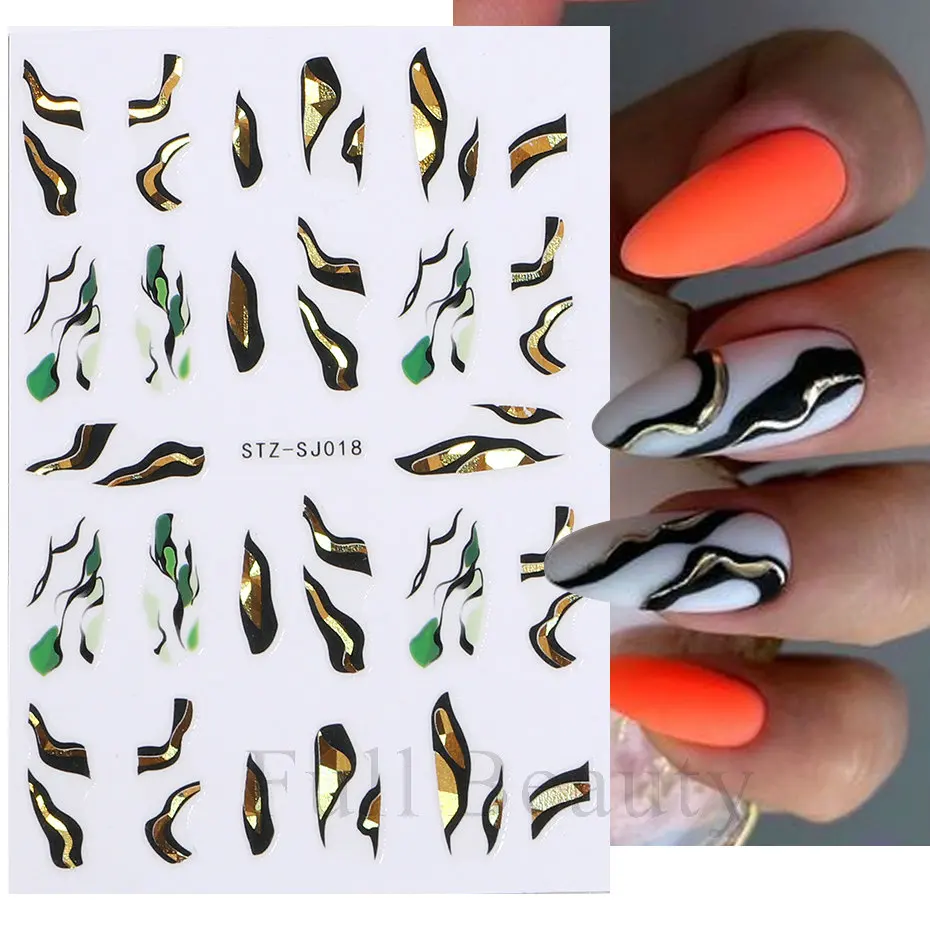 Nail Stickers Nail Art Decoration Nail Decals Geometric Lines Laser Gold Bronzing Slider Design Abstract Fun Y2K Metallic Nail Foils Decoration