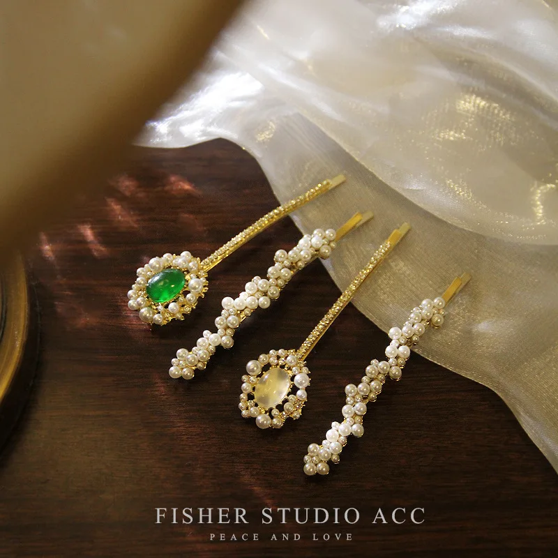 

Pearl Hairpin Girl Emerald Korean Hairpin One Line Clip Set Internet Red Simple Hair Accessories Retro Clip Headwear
