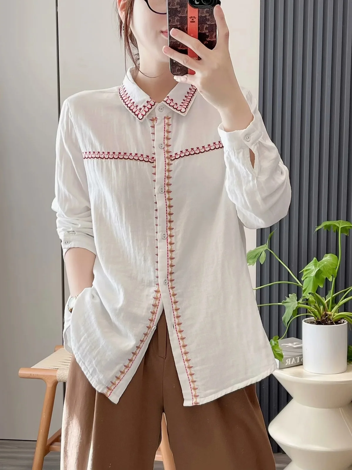 

2024 Women White Shirts Double Layers Cotton Yarn Blouses Long Sleeve Embroidery Lady Tops Casual Female Clothes Autumn