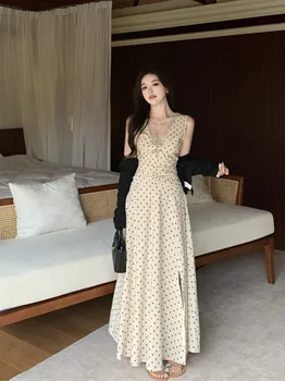 plus Size Lace Sleeveless Polka Dot Dress Summer New Waist Slimming Design Sensation Strap Long Dress Korean Style Commute
