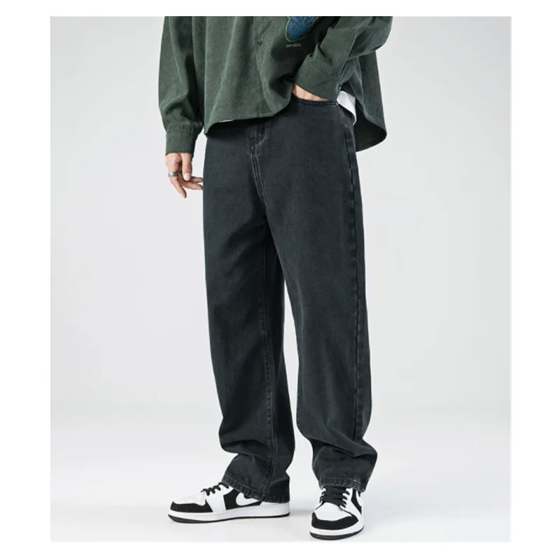 Men's 2023 Spring and Autumn New Washed Jeans Japanese Simple Solid Color Straight Sleeve Casual Loose Wide Leg Pants L0001