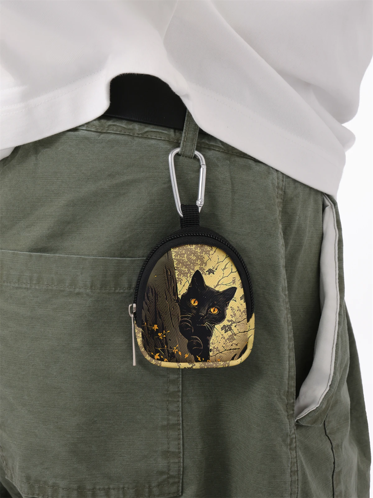 Black cat pattern printed mini wallet, zipper change bag with hook clip, headphone key bag, suitable for men and women