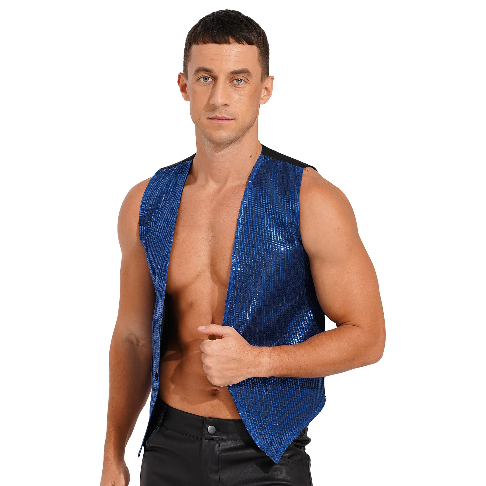 

Mens Sparkling Sequins Vest Modern Latin Jazz Hip-hop Costume Fashion Sleeveless Waistcoat Tops Club Stage Performacne Dancewear
