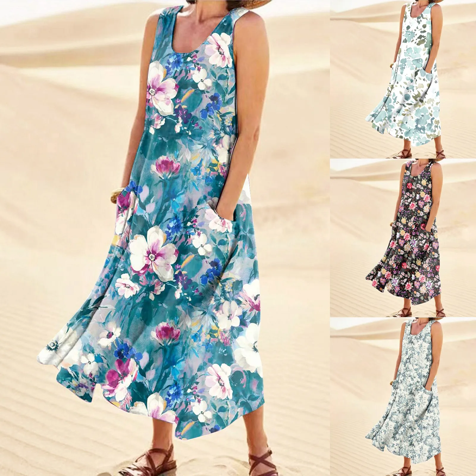 

Women'S Dress Fashion Summer Casual Comfortable Flower Print Sleeveless Cotton With Pocket Beach Dress For Women Vestidos