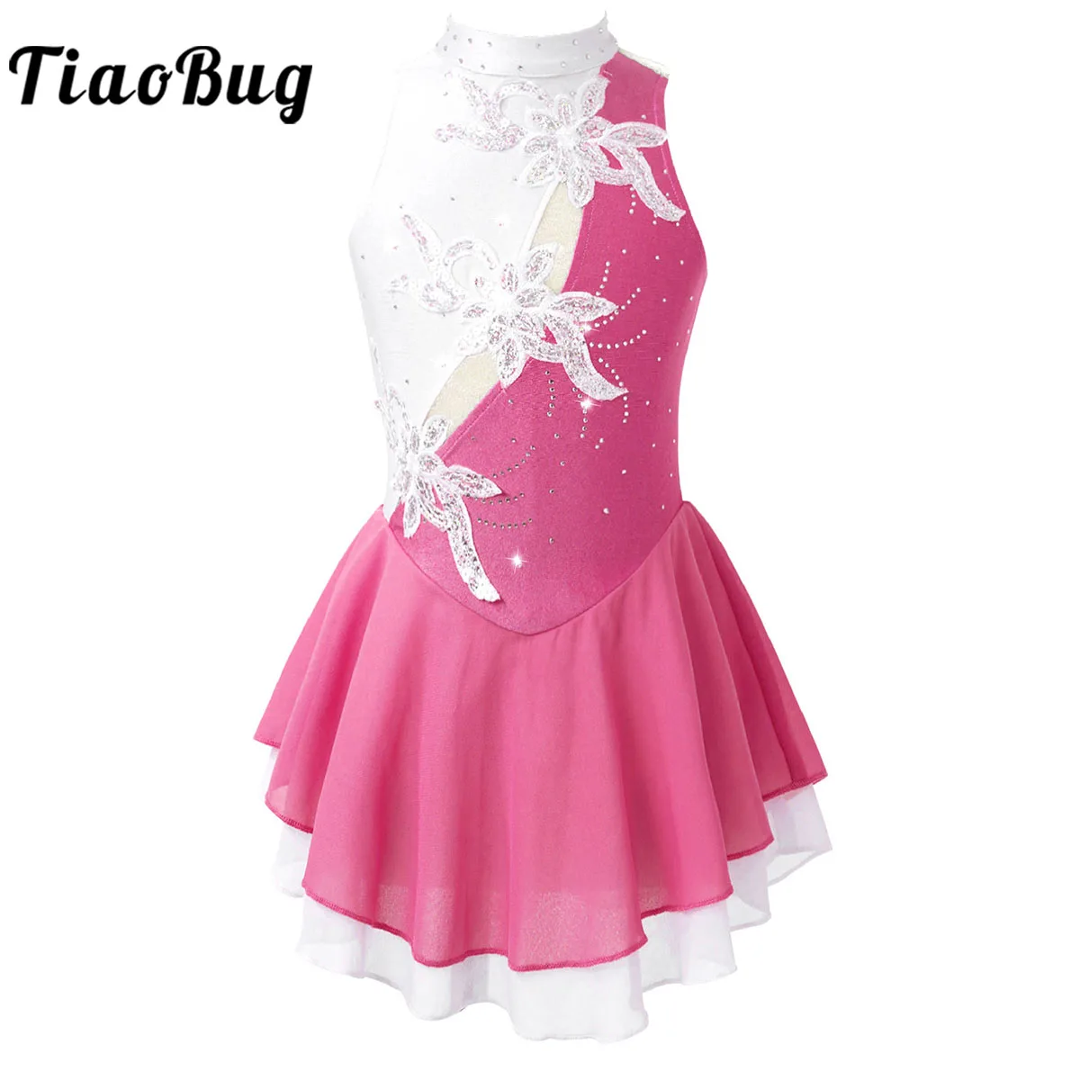 

Kids Girls Sequin Figure Ice Skating Dress Rhinestone Floral Ballet Gymnastics Leotard Dancewear Competition Performance Clothes