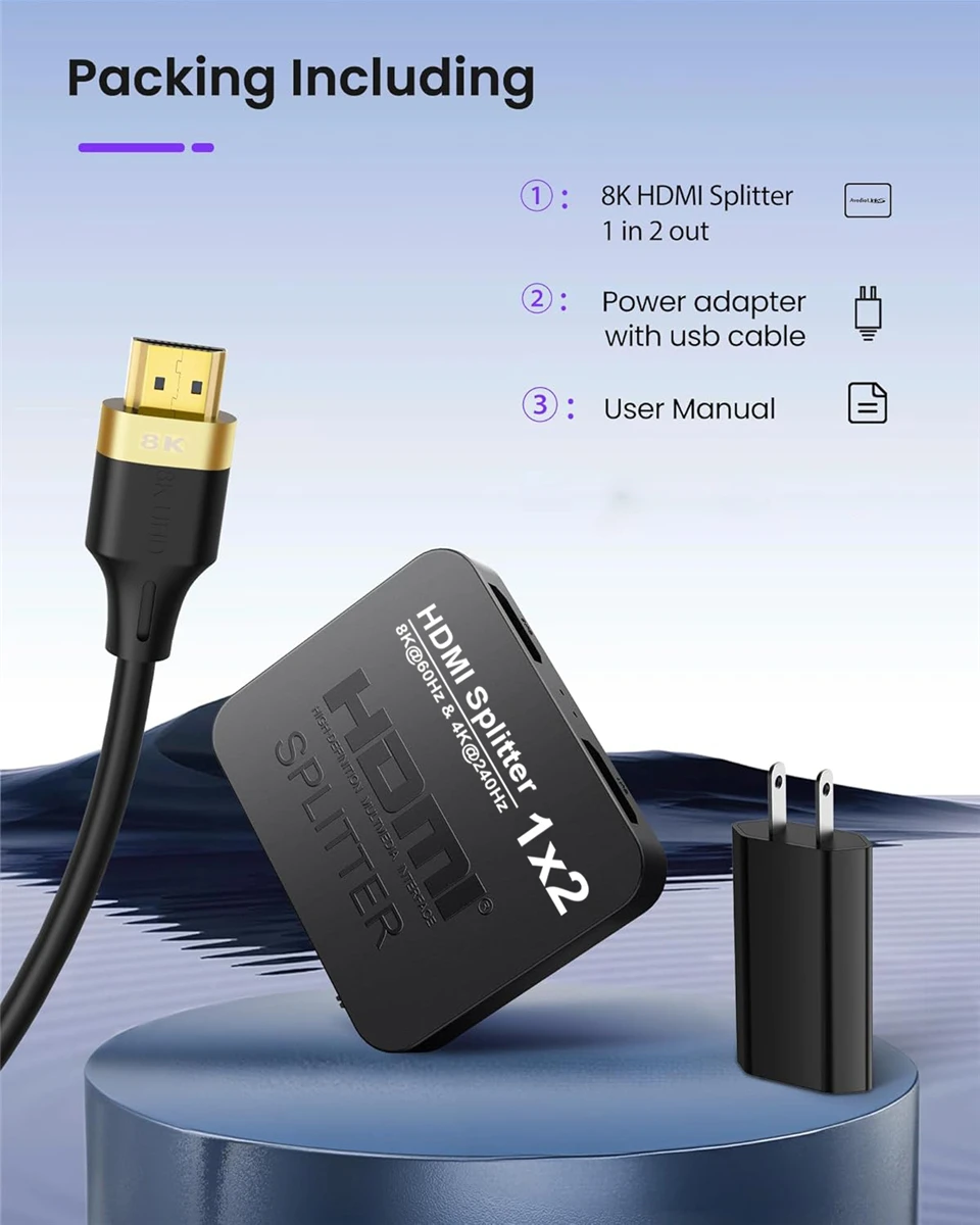 1 in 2 Out 8K HDMI Splitter 4K 240Hz Audio Splitter HDMI 2.1 Cable Adapter 1x2 F