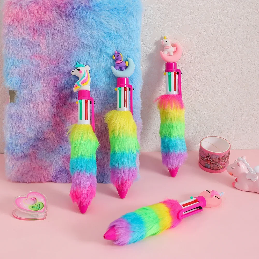 Ballpoint Pen 2PCs Unicorn Plush Student Rainbow Gel Pen Cartoon Girl Handwriting Office Accessories