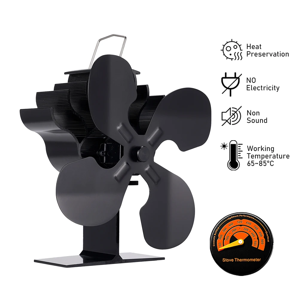 

Black Fireplace Fan 4 Blades Stove Fan Home Silent Heater Log Wood Burner Eco Friendly Fireplace Fan Ecological Thermal Cycling