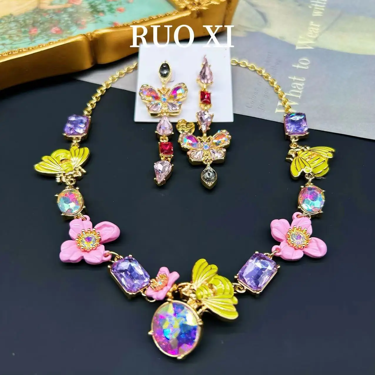 Vintage Enamel Bee Butterfly Flower Earrings Necklace  Women Teen Girls Jewelry Sets