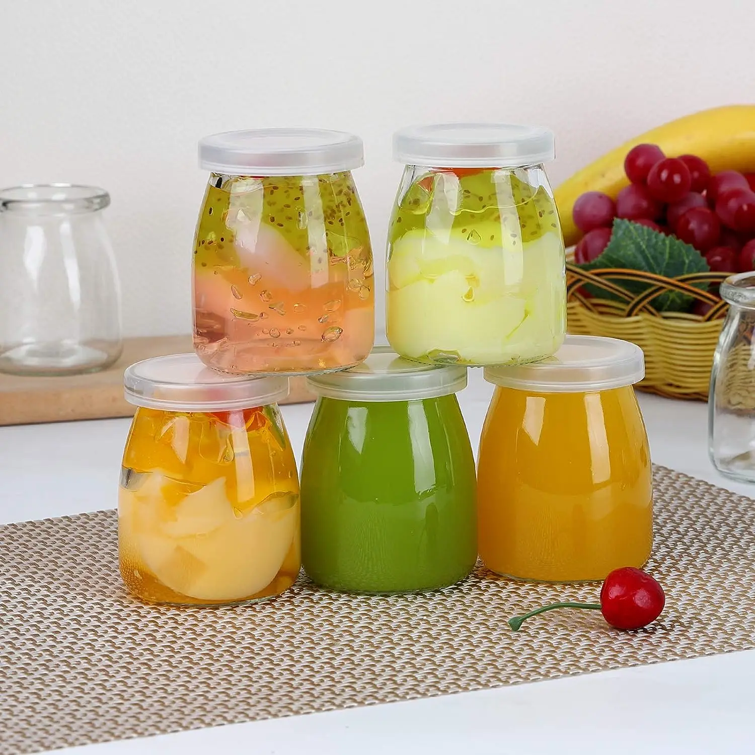4oz Clear Glass Jars With PE Lids,Glass Yogurt Container,Glass Pudding Jars Yogurt Jars for Milk,Jams,Jelly,Mousse,Honey 5