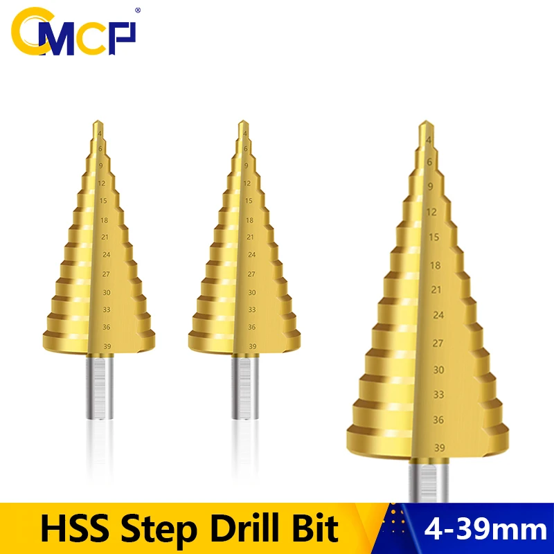 CMCP 4-39mm Step Drill Bit HSS Straight Groove TiN Coated Step Cone Drill Wood Metal Hole Cutter Core Drilling Tools Set