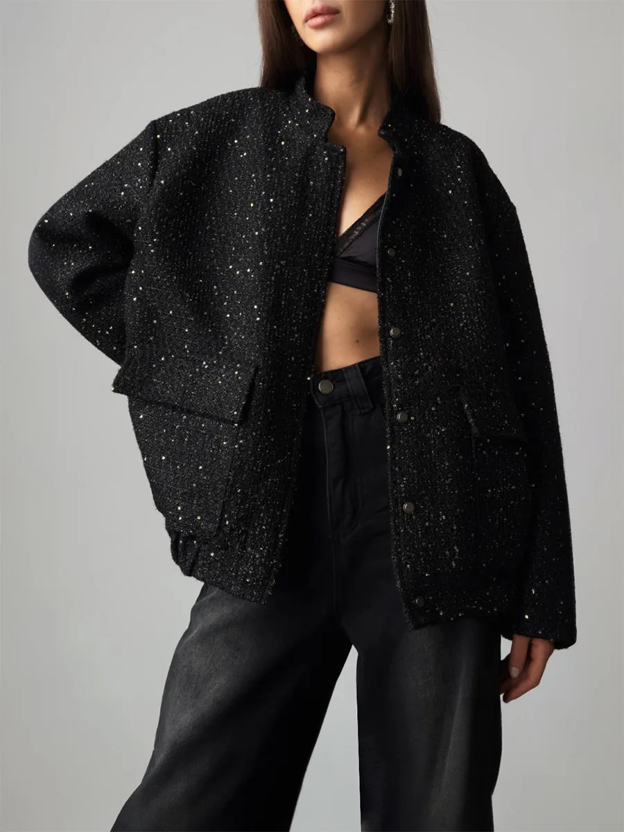 Black Sequin Fashion Outwear Female Loose Patchwork High Waist Long Sleeve Jacket Streetwear Solid Glitter Female Coat New