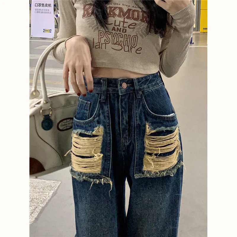 Korean Style Baggy Jeans Shorts Blue Ripped Design Women's Summer Y2k Vintage High Waisted Shorts Straight Fashion Denim Pants