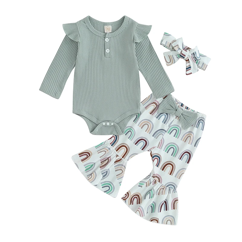 

Осенний наряд для маленьких девочек, комбинезон с длинным рукавом и брюки с радужным/цветочным принтом и повязка на голову, комплект одежды