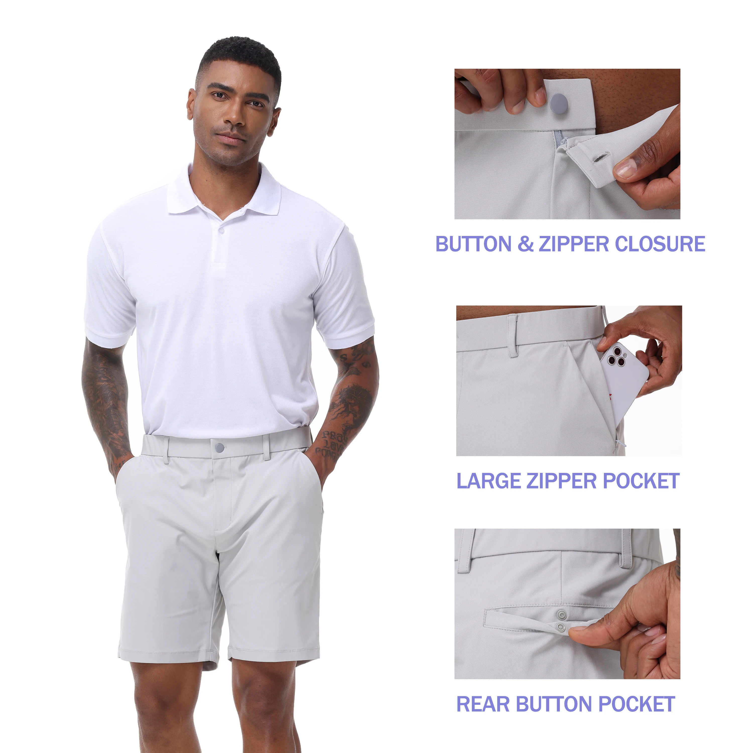 Men's Cargo Trendy Shorts Casual Elegant Golf Pants, Stretch Waist Work Dress Shorts with Concealed-Type Zipper Side Pockets 2