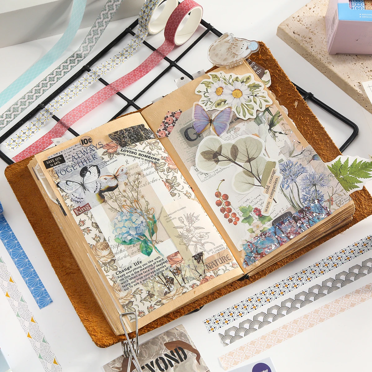 5롤/박스 빈티지 와시 테이프 세트, DIY 핸드메이드 저널, 명절 선물 상자, 스크랩북 장식, 학용품