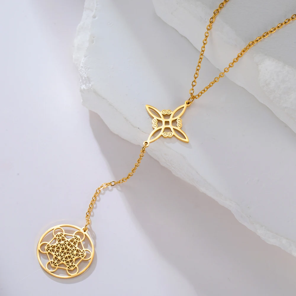 Dawapara Witch Knot and Metatron Pendant Necklace Wicca Good Luck Protection Talisman Stainless Steel Mystical Spiritual Jewelry