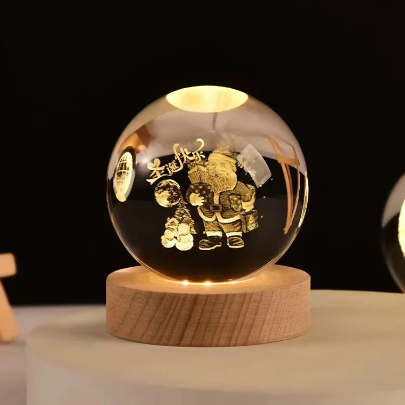 

Новые продукты, прозрачные Мультяшные подарки, Рождественский стеклянный шар 80 мм, 3D Хрустальный шар со светодиодной деревянной подставкой