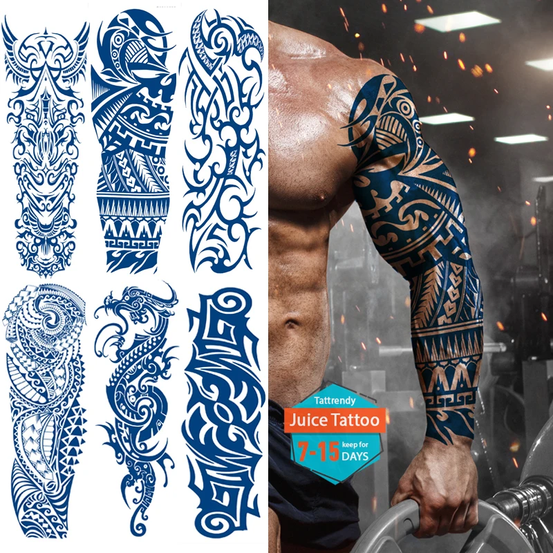 Juice Ink 15days lasting Tattoo Men Full Arm Longsleeve Temporay Tattoos Sleeve Totem Tribal Dragon Robot Sexy Body Tatoo Large tattoo sticker temporary tattoos