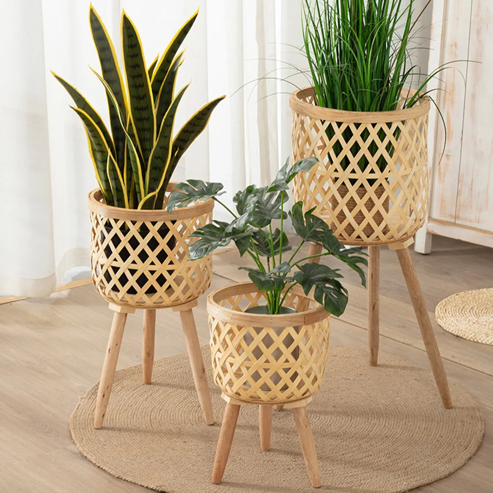 Handmade Bamboo Woven Flower Pot with Stand 2