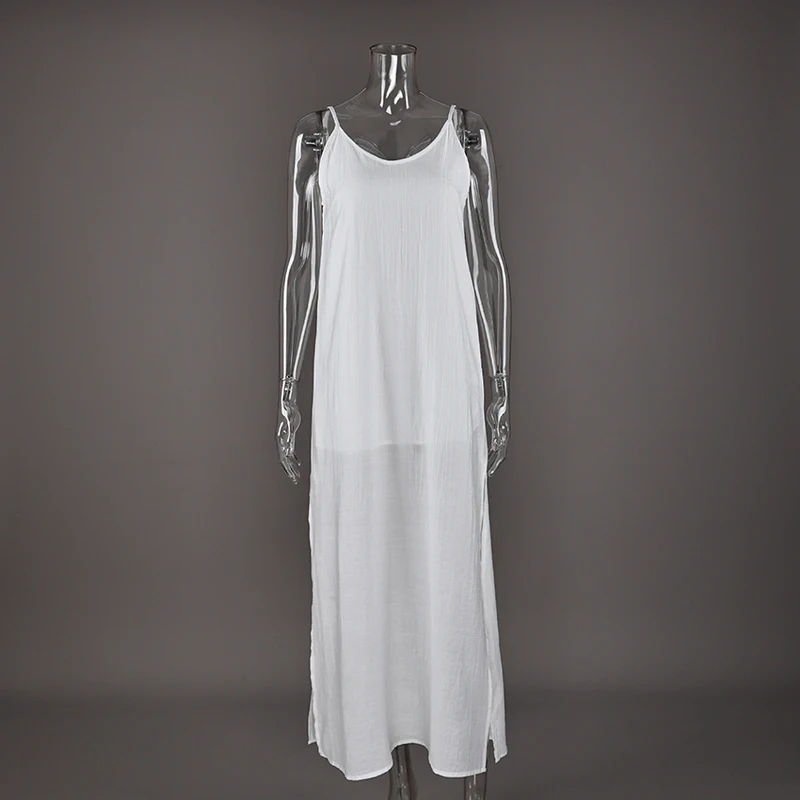 HiLoc Loose White Long Dress Robe V Neck Dresses Sleeveless Straight Robes...