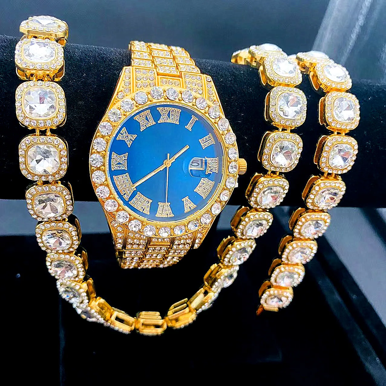3PCS Hip Hop Watch Necklace Bracelet Jewelry For Men Women Iced Out Bling Cuban Chain Tennis Silver Color Miami Christmas Gift