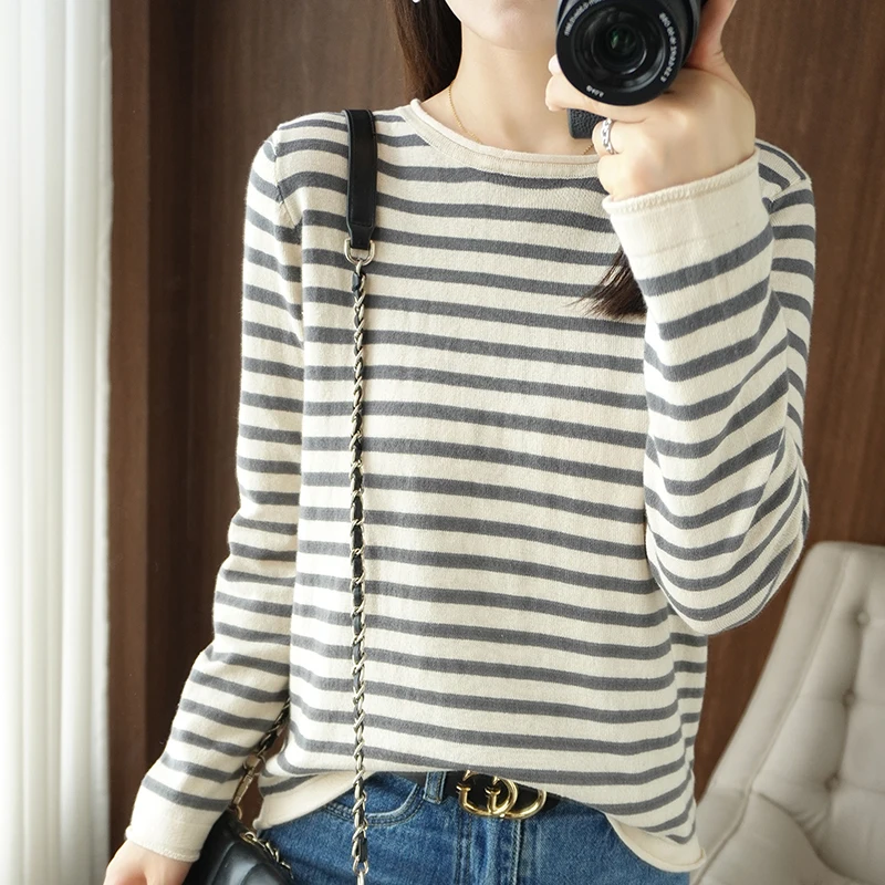 588831-b3261d.jpg Women 100% Cotton Sweater Curled O-neck Strip Pullover Autumn Winter Casual Knit Clothing Fashion Soft Bottoming Sweater Tops - Image 1