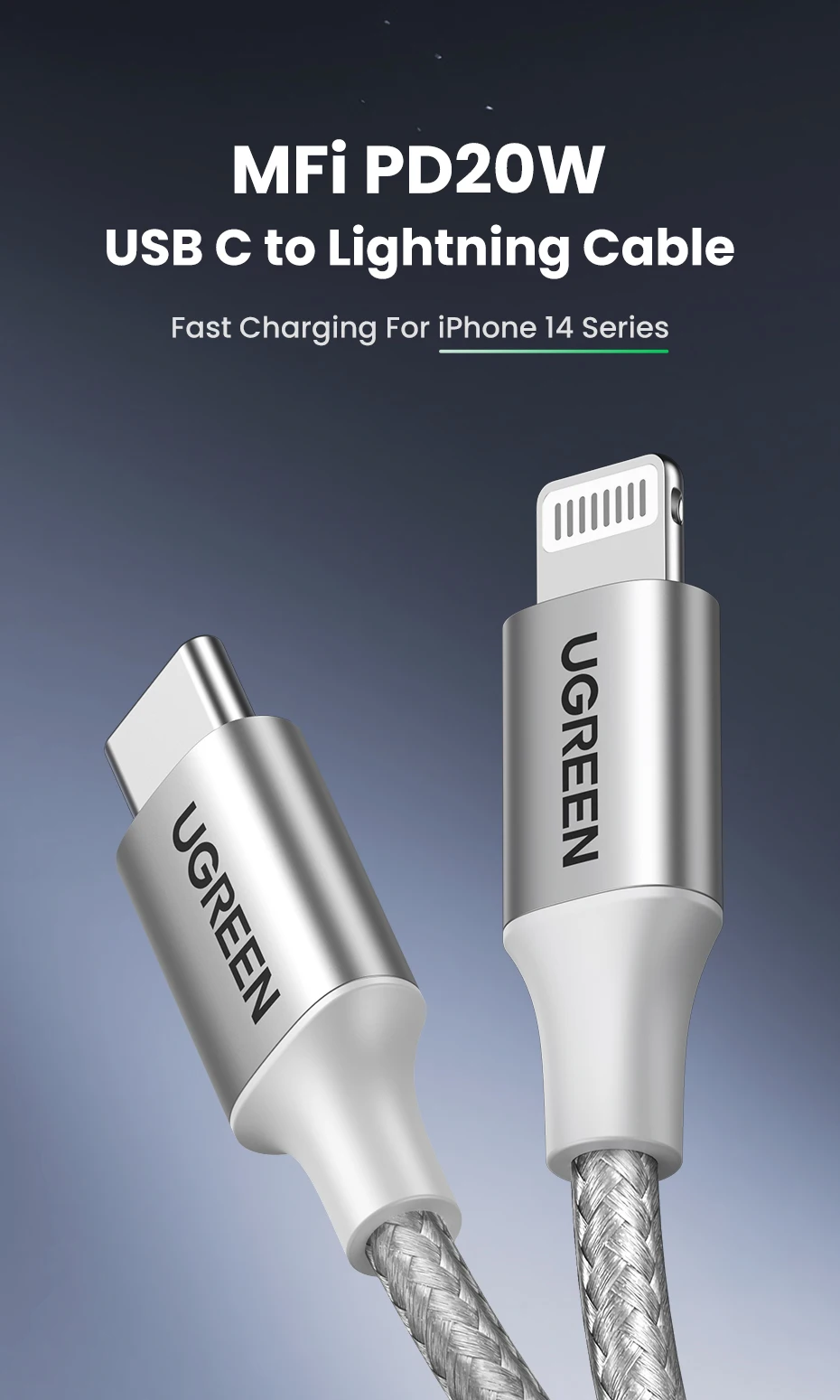 UGREEN MFi 20/30W USB Type C to Lightning Cable for iPhone 14 Pro Max 13 12 Plus Mini PD Fast Charging Cable for iPad 1m 2m