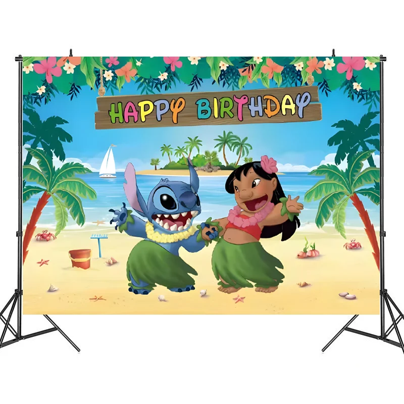 thumbnail image 1 of Fondo de ángel de Lilo y Stitch de Disney, decoraciones personalizables para fiestas de feliz cumpleaños, suministros para fiestas de baby shower, 1 of 5