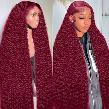 HD Transparent 13x4 13x6 Full Frontal Lace 99j Burgundy Preplucked Colored Deep Wave Frontal Lace Human Hair Wig 34 36 Inch 1