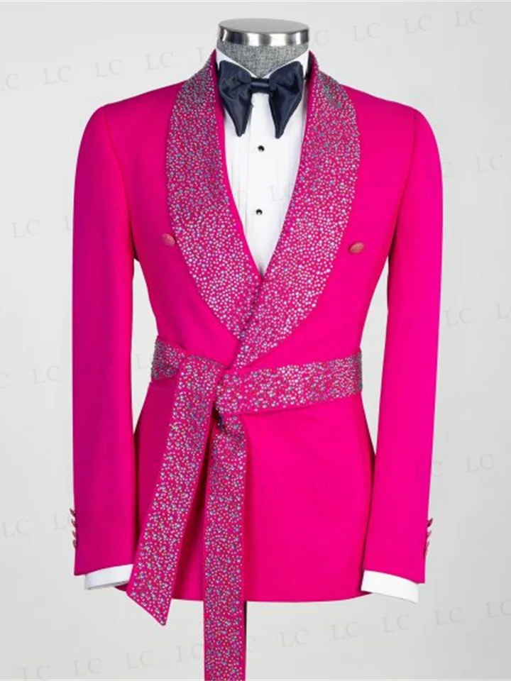 Men Suits Beads Crystal Luxury 2 Pieces Blazer PantOne Button With Belt Wide Lapel Formal Party Wedding Groom Plus Size Tailored