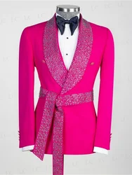 Men Suits Beads Crystal Luxury 2 Pieces Blazer PantOne Button With Belt Wide Lapel Formal Party Wedding Groom Plus Size Tailored
