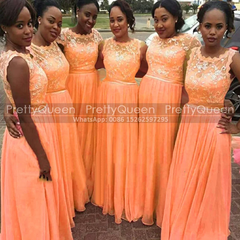 

Orange Sheer Lace A Line Bridesmaid Dresses Long Flowy Chiffon Skirt Sleeveless Jewel Neck Maid Of Honor Dress Wedding Party
