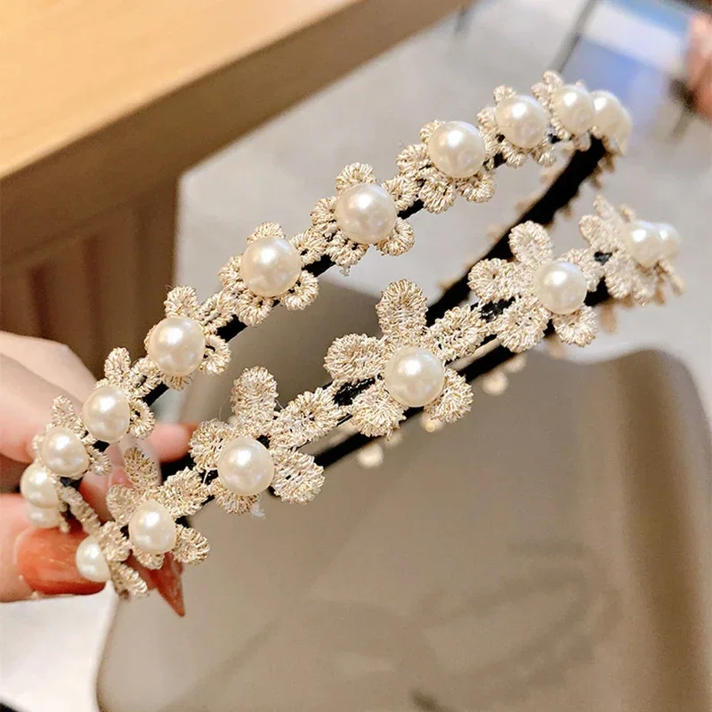 Princess Kids Flower Hair Full Pearl Hoops for Girl Elegant White Flower Hairbands Party Wedding Headdress Kids Hair Accessories