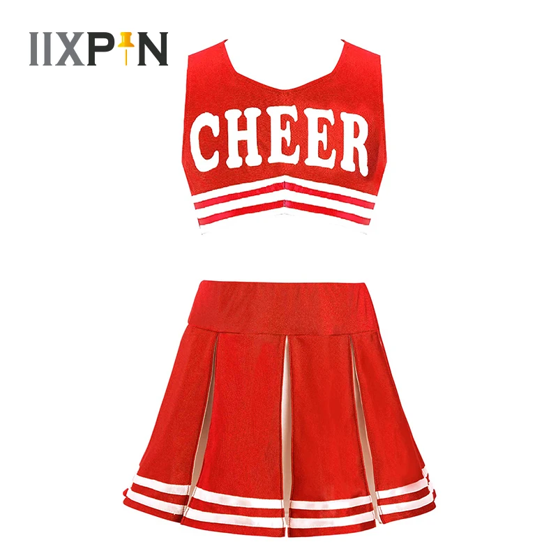 

Kids Girls Jazz Dance Costumes School Cheerleader Uniform Outfits Sleeveless Vest Crop Top With Pleated Skirt Set Sportswear