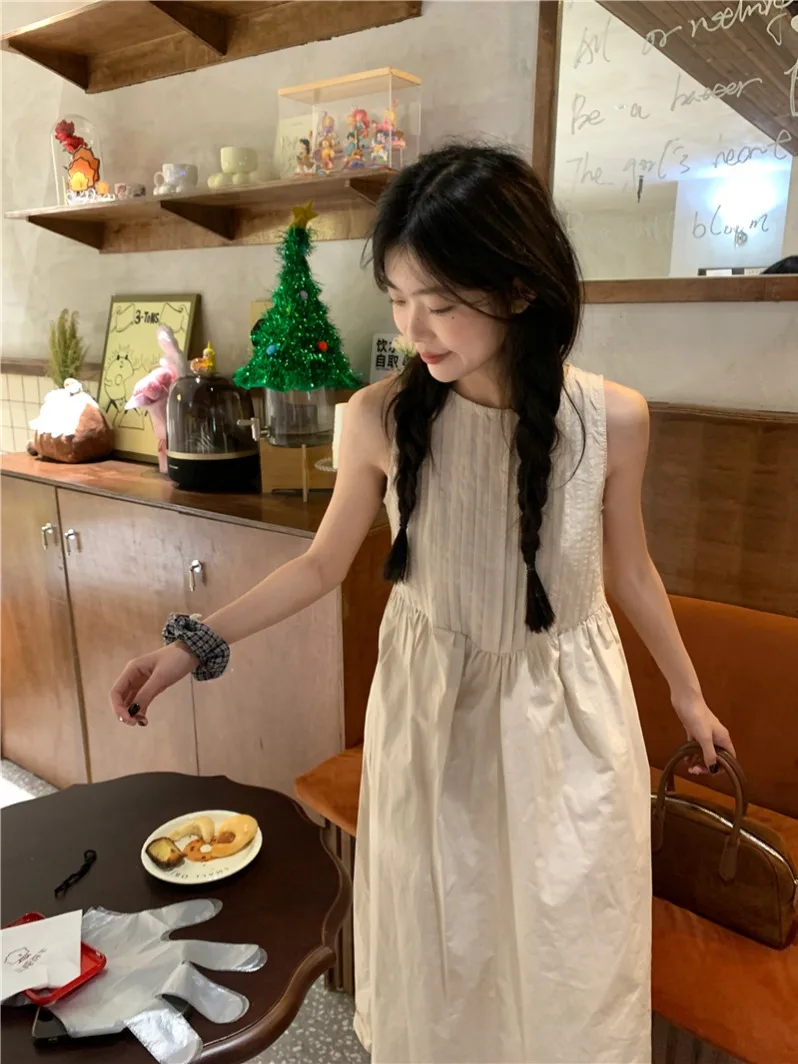 Kumikumidesign Sensibility 격자 무늬 크래커 카키 조끼 드레스 여성 여름 우아한 루즈 피트 라인 민소매 롱 드레스