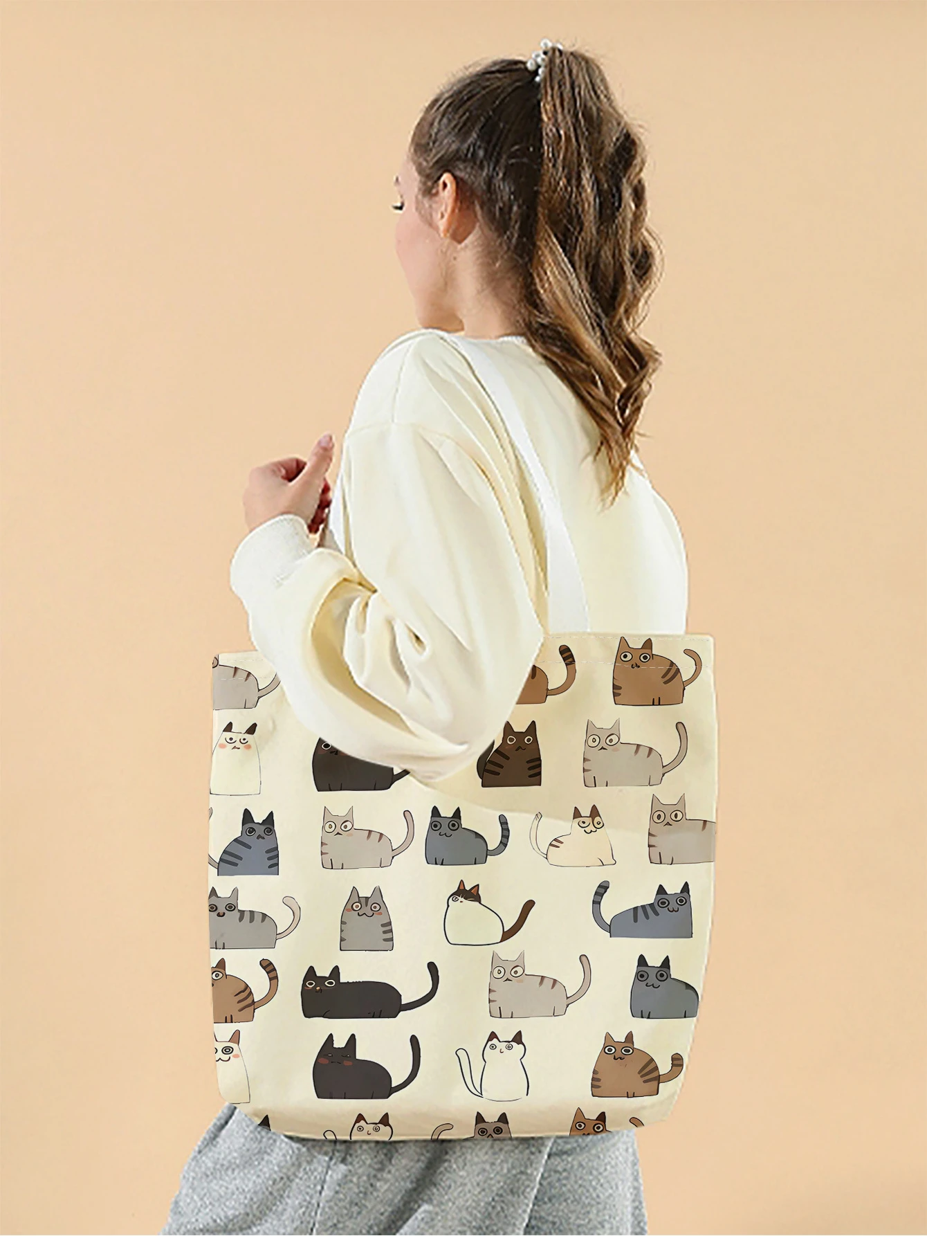 1pc,cartoon cat pattern handbag, reusable fashionable handbag, multifunctional handbag, printed canvas shopping bag