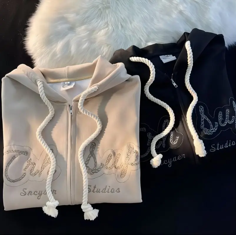 CGC Fashion Letter Embroidery Zip-Up Hoodies Women Autumn Winter Korean Style Loose Sweatshirts Female y2k Hooded Outerwear