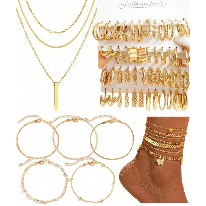 38-68 Pcs Simple Elegant Vintage Jewelry Set Butterfly Heart Pearl Rhinestone C-Shape Earrings,Necklace, Ring, Bracelet Set Gift