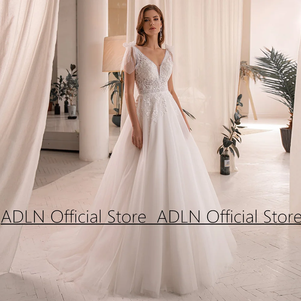Vestidos De Novia Wedding Dress for Woman Tulle A-line Bride Gown Sleeveless V Neck Applique Sweep Train Backless Bridal Dresses