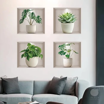 Watercolor Green Plant Wall Stickers – Cactus & Leaf Potted Design 1